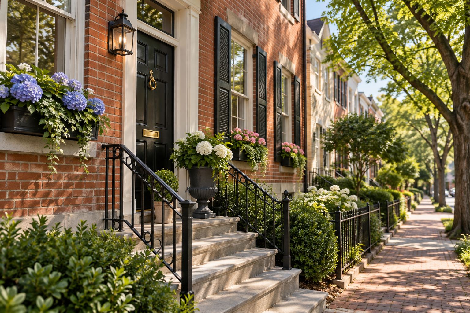 A brick rowhouse entry, illustrative