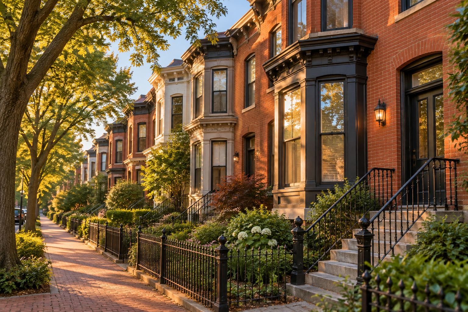 Brick rowhouses on a tree lined DC street, illustrative