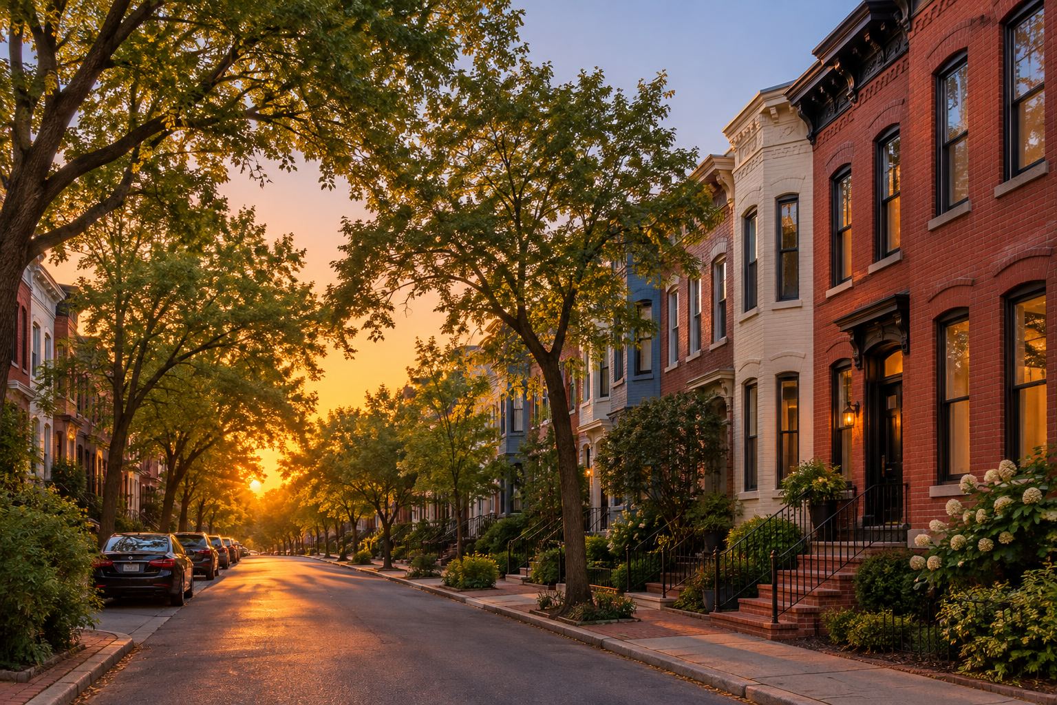 A DC rowhouse street at sunset, illustrative