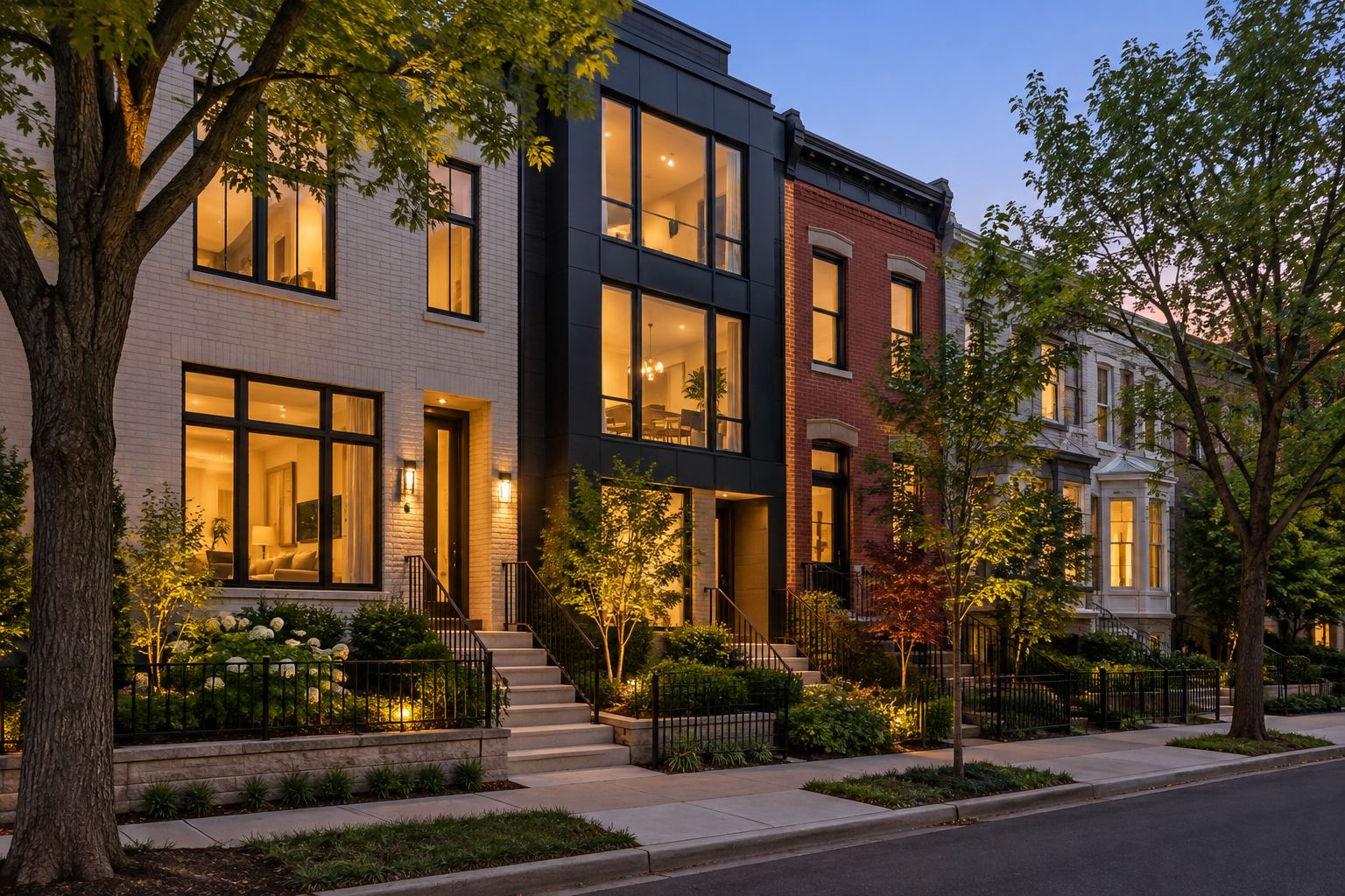 A modern townhome at dusk, illustrative