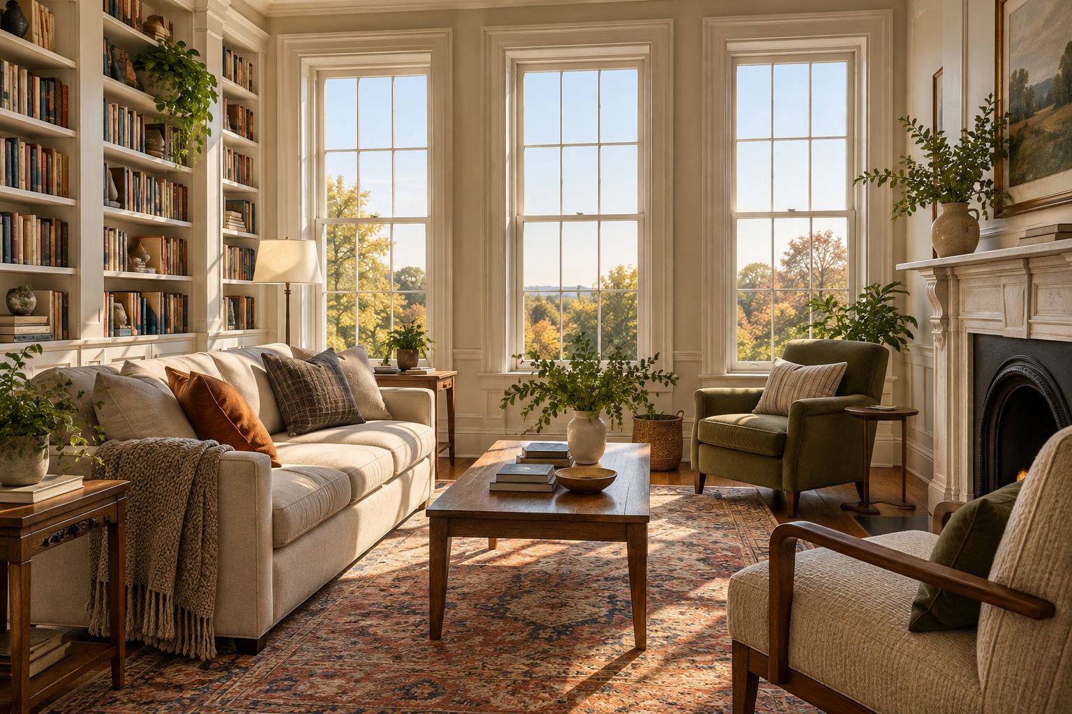 A sunlit sitting room, illustrative
