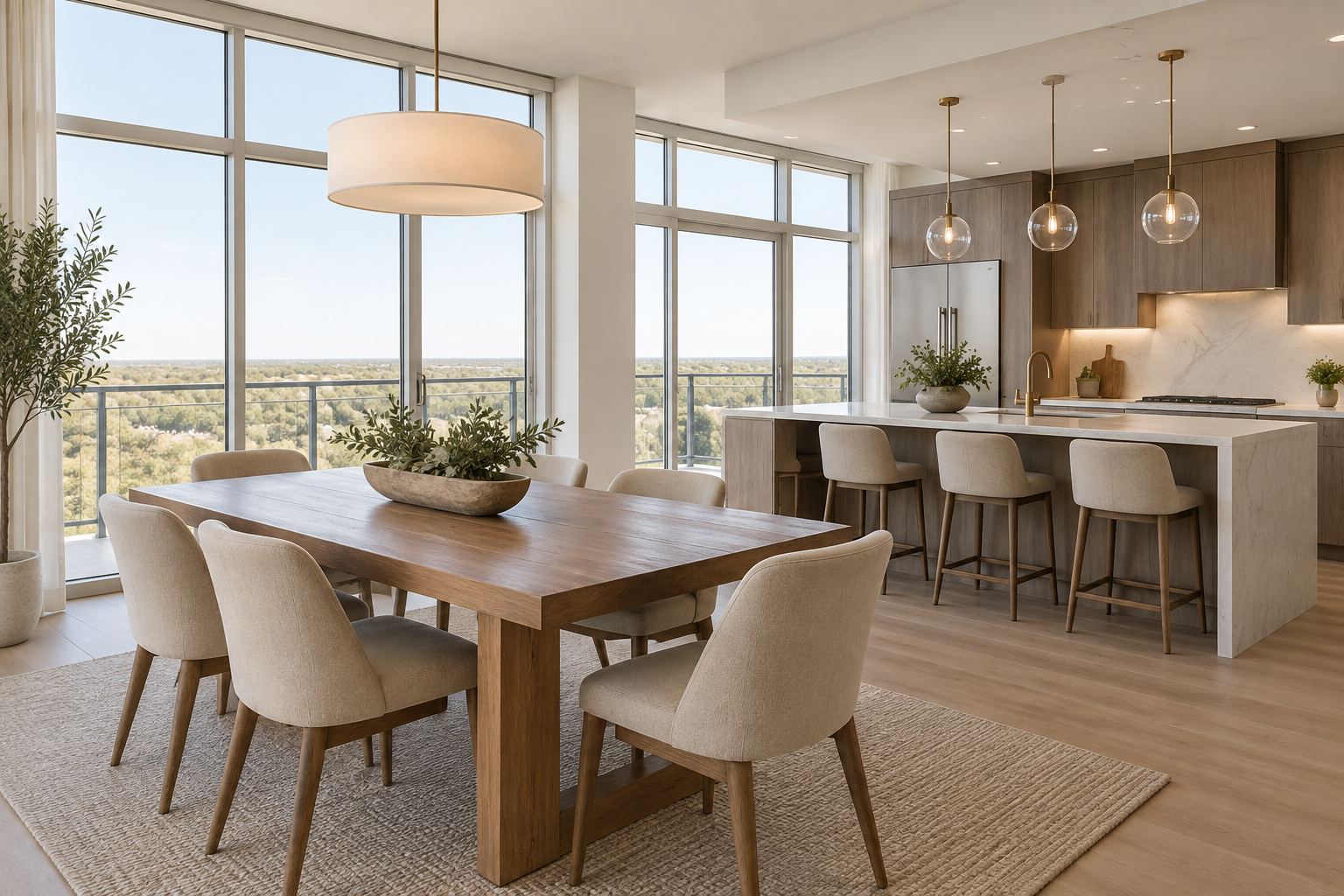 A bright dining room and kitchen, illustrative